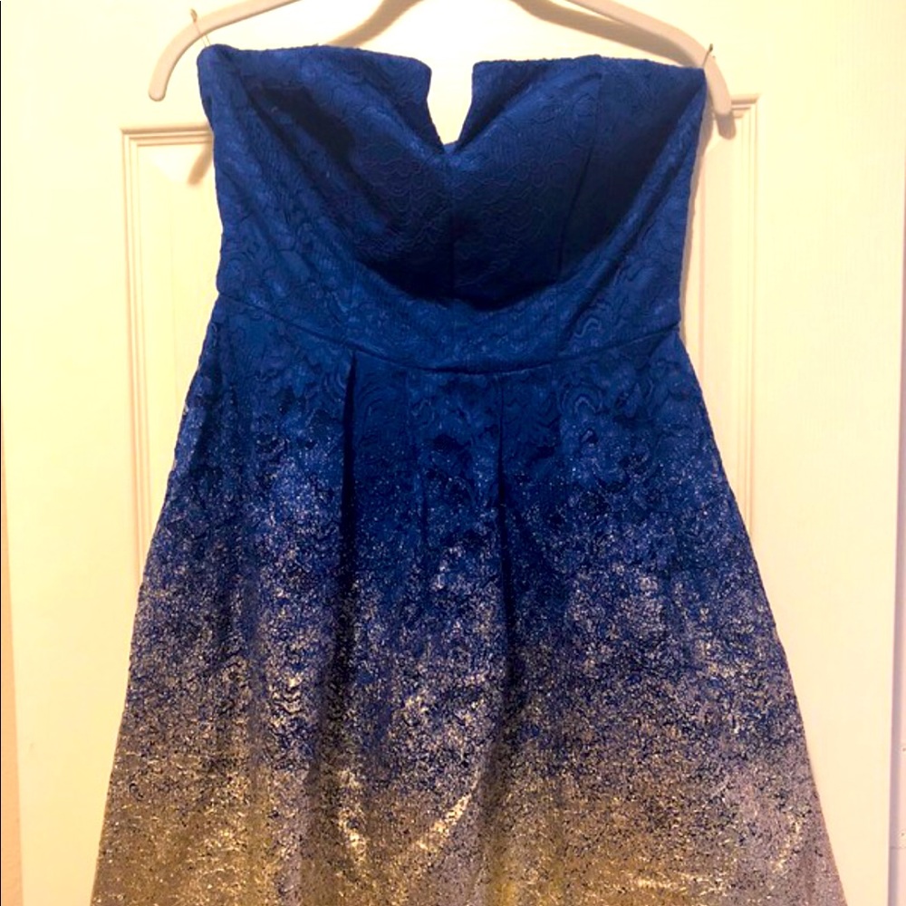 blue strapless mini dress with gold accent